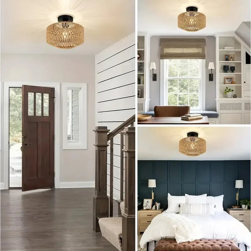 Rattan Deckenleuchte mit schwarzem Schirm | Rattan