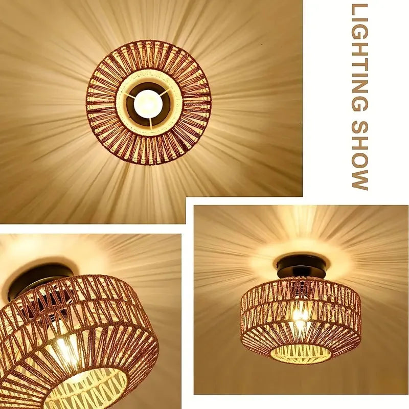 Rattan Deckenleuchte mit schwarzem Schirm | Rattan