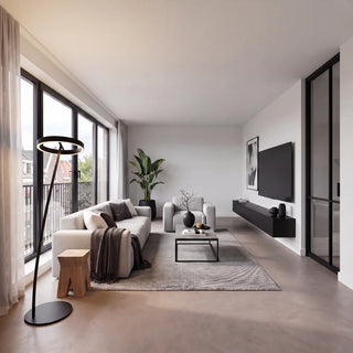 schwarze bogenlampe mit led-ring im minimalistischen wohnzimmer