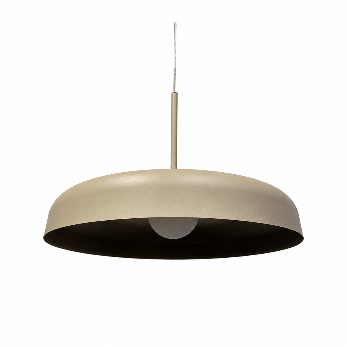 Beige Pendelleuchte aus Metall Dånsk Ø38 cm von unten gesehen mit leuchtender Opalkugel