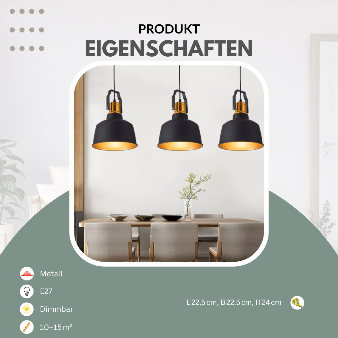 Industrielle Pendelleuchte schwarz mit gold | Luminara