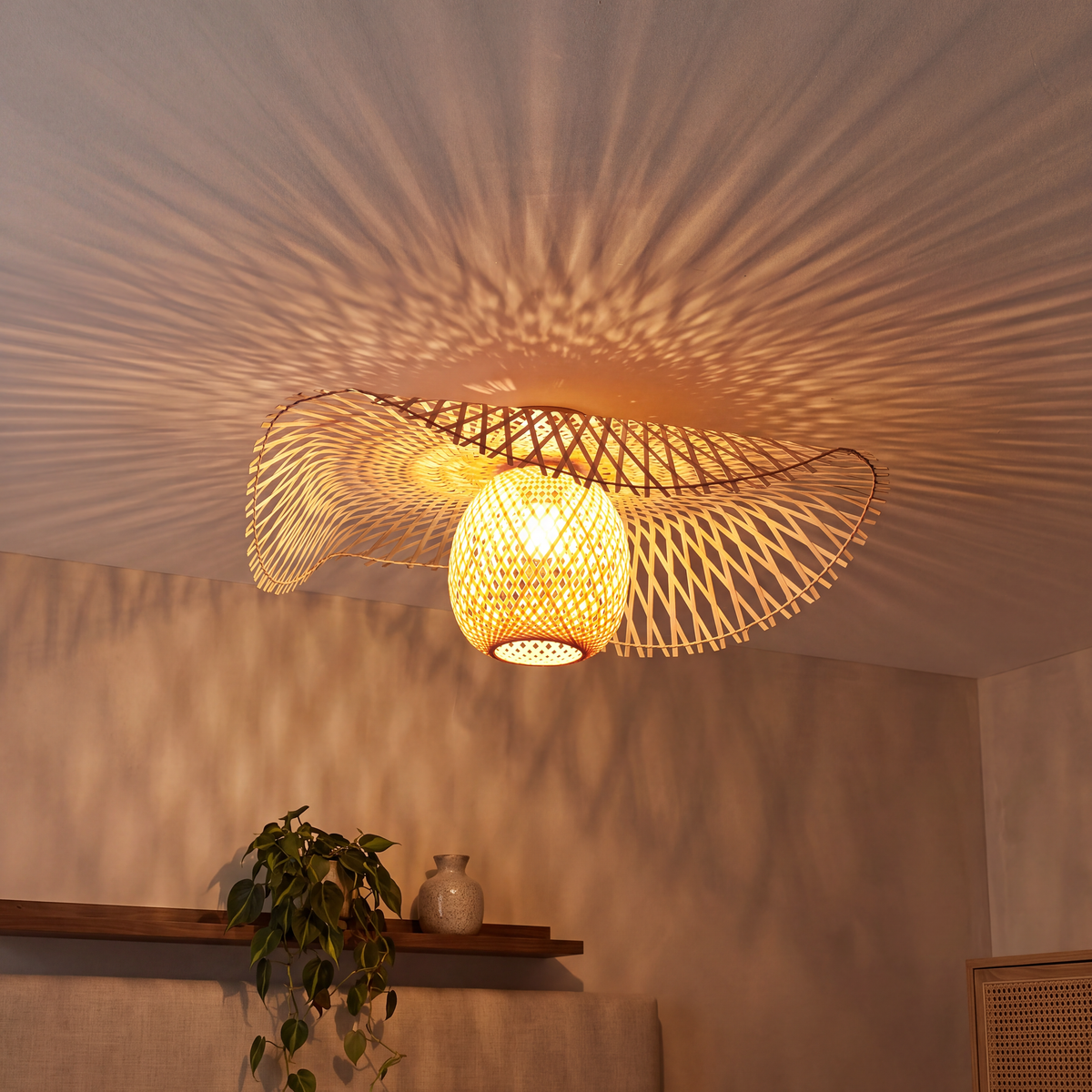 lichteffekt der rattan deckenleuchte: strahlenmuster an decke und wand