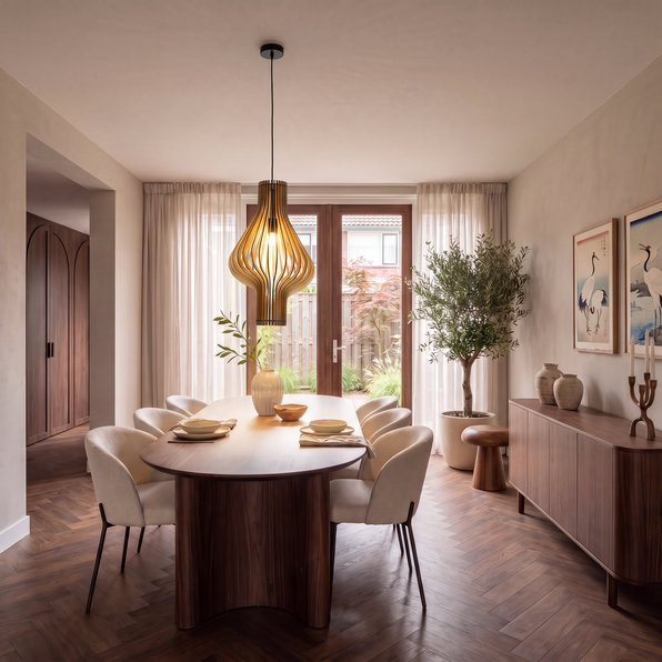 holz pendelleuchte organisches design über ovalem esstisch im japandi esszimmer